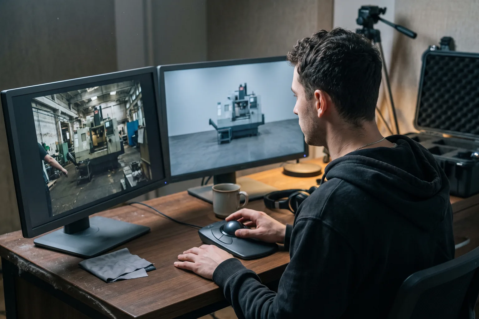 Ein Schnittplatz mit zwei Monitoren, auf dem linken eine gedrehte Aufnahme einer Maschine, auf dem rechten dieselbe Maschine als generierte Szene, davor eine Person mit einem Trackball, im Hintergrund ein Stativ und ein geöffneter Transportkoffer