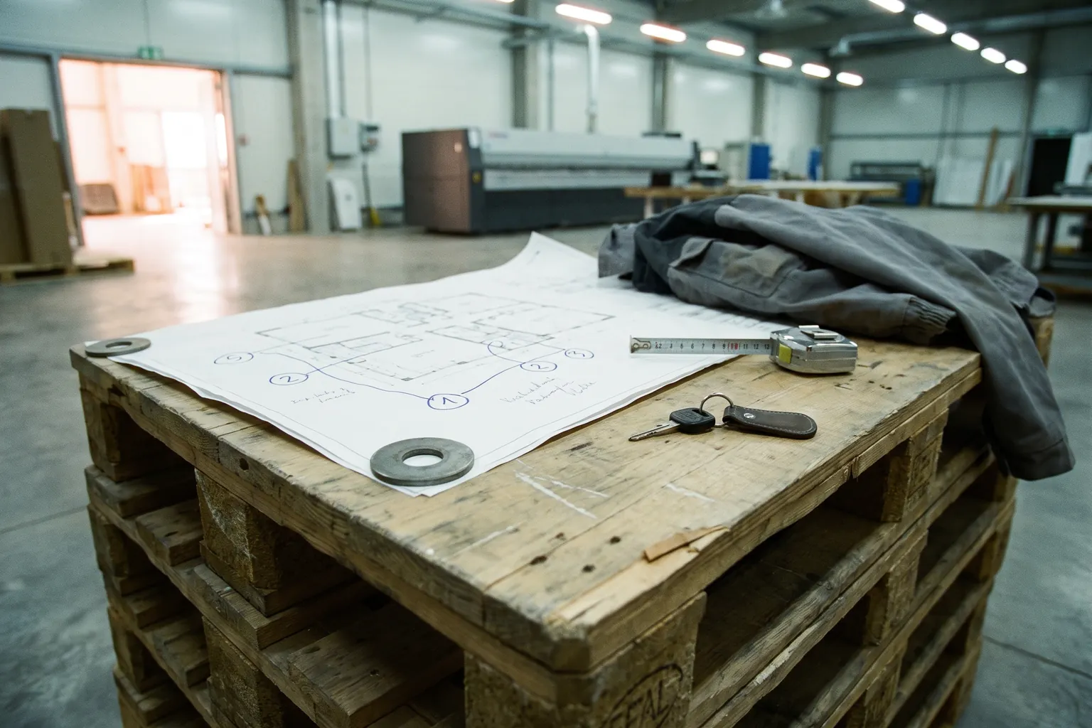 Ein ausgedruckter Hallengrundriss liegt auf einem als Tisch genutzten Palettenstapel in einer Werkhalle, fünf Drehpositionen sind mit Kreisen und Ziffern von Hand eingezeichnet, daneben ein Maßband und ein Autoschlüssel