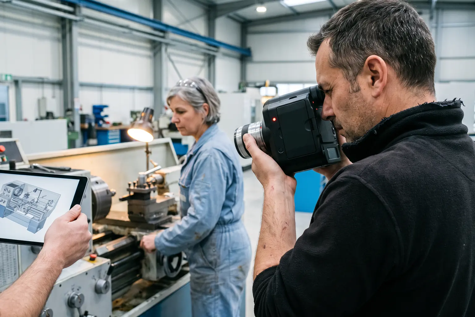 Ein Kameramann mit Schulterkamera filmt eine Maschinenbedienerin an einer laufenden Fertigungsanlage, seitlich hält eine Assistentin ein Tablet, auf dem dieselbe Anlage als durchscheinende Schnittdarstellung mit sichtbarem Innenleben zu sehen ist