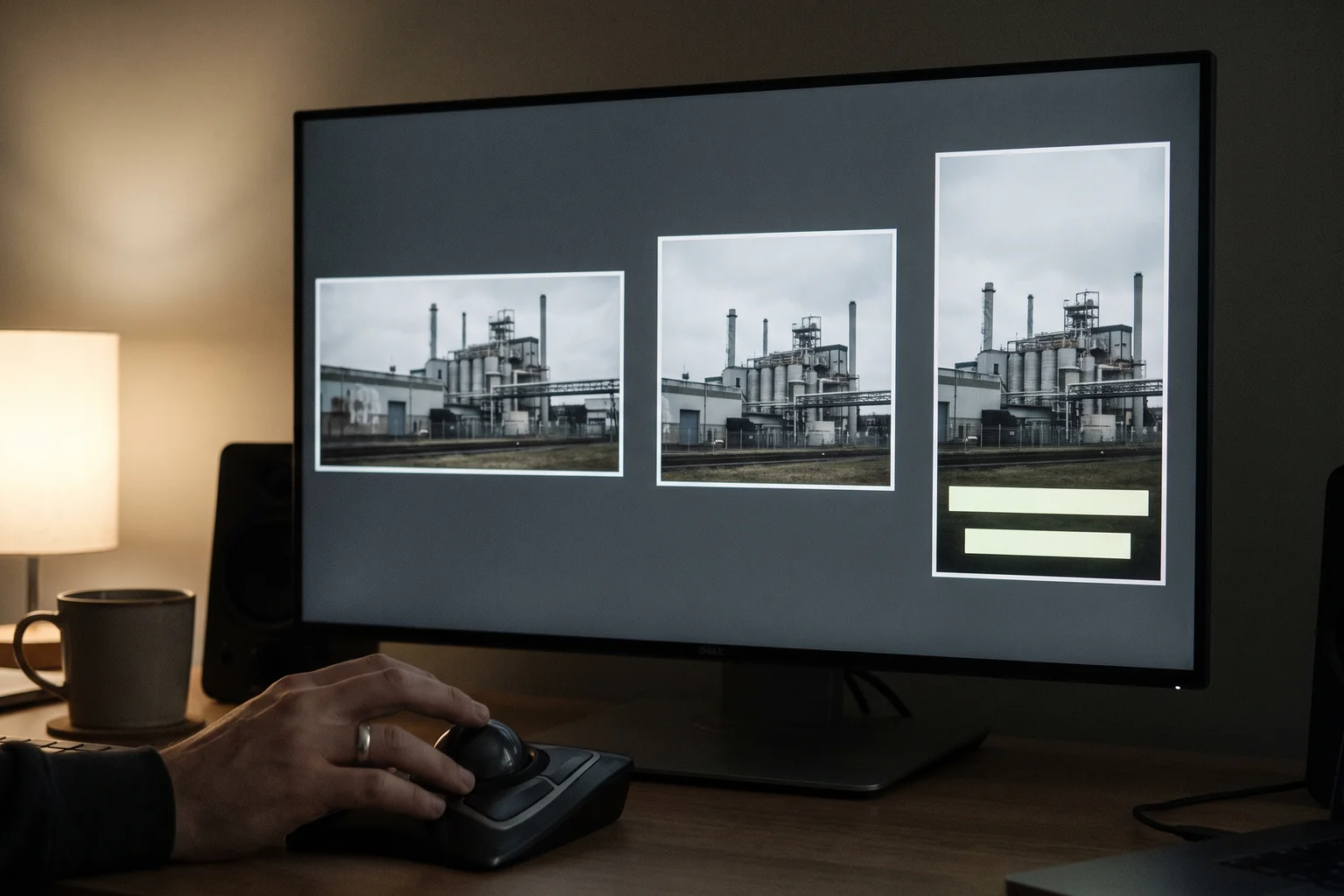 Ein Monitor zeigt dieselbe Szene in drei Rahmen nebeneinander: breit, quadratisch und hochkant, in der hochkanten Fassung sind zwei Zeilen Untertitel eingeblendet